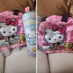 Light pink Hello Kitty lunch bag with baby blue thermos, 2 pencils, & 2 erasers